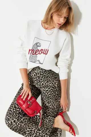 Leopardenmuster bestickter Rundhalsausschnitt Sweater