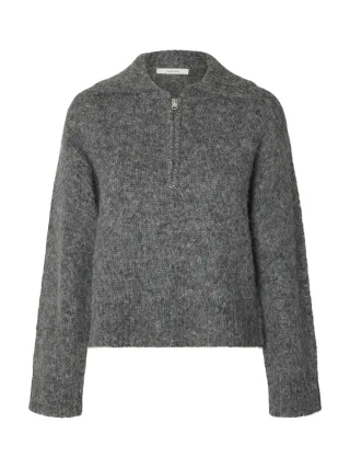 selected women - SLWANJULI LS KNIT HALF ZIP Medium Grey Melange - Gr. - L