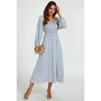 FS Collection Midikleid Damen Midikleid Print eckiger Ausschnitt gerafft Viskose Sommerkleid (Einheitsgröße: XS (EU:36 / UK:8) · S (EU:38 / UK:10) · M (EU:40 / UK:12) · L (EU:42 / UK:14) · XL (EU:44 / UK:16), 2 Farben : Weiß Floral und Marineblau Flo