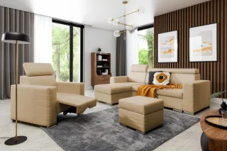 Ecksofa inkl. Hocker und Sessel CANTON Stoff Liverpool Beige Ottomane Links