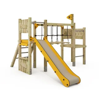 Spielturm PRO MAGIC Run für öffentliche Spielplätze & Kita - Robuste Holz-Spielanlage mit Rutsche & Kletterbrücke - DIN EN 1176 sicher - Wickey