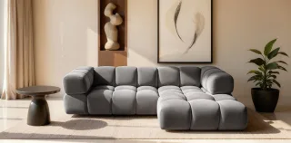 Ecksofa Designersofa BLANCHE in Stoff Bluvel Grau Ottomane Rechts