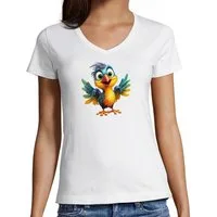 MyDesign24 T-Shirt Damen Wildtier Print Shirt - Baby Paradies Vogel V-Ausschnitt Baumwollshirt mit Aufdruck Slim Fit i271