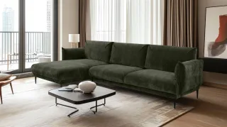 Ecksofa Designersofa MADISON in Stoff Dress Me Grün Ottomane Links