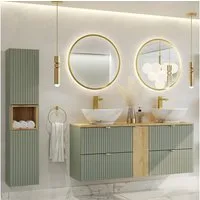 Lomadox Badmöbel-Set NEWPORT-56-GREEN, (Spar-Set, 4-St., Hochschrank Regaleinsatz LED-Spiegel Doppelwaschtisch), 140cm Waschtisch und 2 Spiegel, Schilfgrün mit Eiche, geringe Tiefe