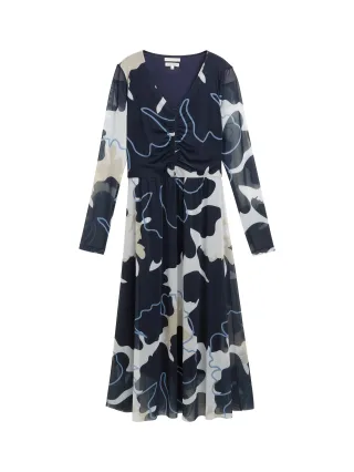 Tom Tailor - Midi-Meshkleid mit Raffungen big floral shapes design - Gr. - 38