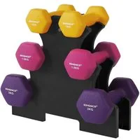 SONGMICS Hantel-Set Kurzhantel Set, 2 x 1 kg, 2 x 1,5 kg, 2 x 2 kg, Krafttraining, Hause, Hexagon, mit Hantelständer, Neopren-Beschichtung, gelb, rosa und lila