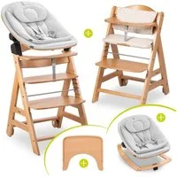 Hauck Hochstuhl Beta Plus Natural Newbornset Eco - Light Grey (Set), Holz Babystuhl ab Geburt mit Neugeborenensufsatz, Sitzkissen, Essbrett