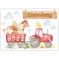 JUNAPACK Einladungskarten Bauernhof Party Einladungen zum Kindergeburtstag Traktor Karten, Einladungskarten mit Bauernhof Motiv für Kinder