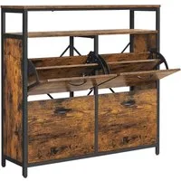 VASAGLE Schuhschrank Schuhregal, Schuhablage, für 12-20 Paar Schuhe, 98,3 x 30 x 95 cm 4 Klappen, Schuhkipper, Schuhkommode, im Flur, vintagebraun-schwarz