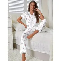Elegant Love Pyjama Schlafanzug für Damen – gemütliche Loungewear mit Blumenmuster (Set, 2 tlg., Kurzarm-Oberteil und lange Hose) Eleganter Hausanzug im Set – weiche Nachtwäsche mit Print
