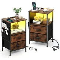 COSTWAY Nachttisch (2-St), mit LED, Ladestation, USB-Anschlüsse&Schubladen