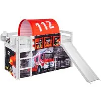 Lilokids Hochbett Feuerwehr Spielbett / Hochbett mit Rutsche und Feuerwehr Vorhang Inkl. Vorhang, Leiter und Rutsche