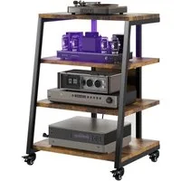 XERSEK TV-Regal HiFi Rack TV Rack mit Rädern und 2 RGB LED Lichter, 4 Etagen Plattenspielerständer aus Holz und Metall, mit Steckdosenleisten Verstellbaren Ablage, 60 x 52 x78 cm