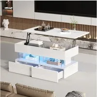 KLAM HOME Couchtisch Multifunktionaler Couchtisch mit Hubmechanismus (Moderner Sofatisch mit LED-Beleuchtung und Stauraum), Eleganter Beistelltisch in Hochglanzweiß mit Glasplatte