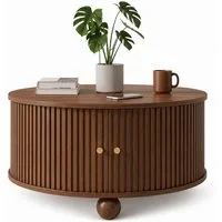 Merax Couchtisch Runder Satztisch Beistelltisch in Retro-Design (72 × 72 × 38 cm, 1-St), Wohnzimmertisch mit Schiebetüren, 4 Fächern, Metallfüße,Reliefstruktur