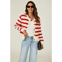 FS Collection Strickjacke Strickjacke Cardigan mit Streifenmuster aus Wollmischung – Onesize (Einheitsgröße: UK 8–16 / EU 36–44, 3 Farben : Creme/Schwarz, Schwarz/Weiß und Creme/Rot) 56 % Viskose, 26 % Polyester, 18 % Wolle