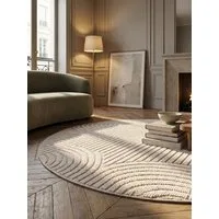 KADIMA DESIGN Teppich LANGAU Flachgewebe Hoch-Tief 3D Bögen Waschbar Wohnzimmer, Rund, Höhe: 7 mm, Creme, 80x80 cm, Saugroboter OEKO-TEX Fußbodenheizung Strapazierfähig