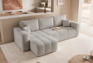 Ecksofa Schlafsofa Sofa LEROS in Stoff Manila Hellgrau Ottomane Links