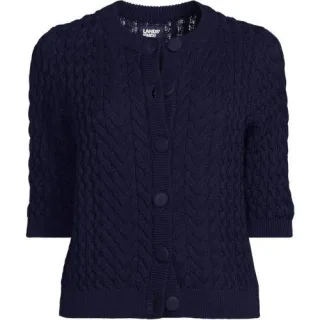 Baumwoll-Zopfmustercardigan mit 3/4-Ärmeln für Damen, Damen, size: regular, Elfenbein, Baumwolle, by Lands' End