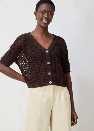 bonprix Ajour-Strickjacke mit Leinenanteil, braun, Gr.40/42 (M), tolle Ajour-Strickjacke aus Baumwoll-Leinen -Mix, aus Leinen