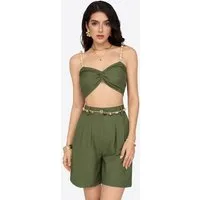 Imily Bela Hausanzug Damen 2-teiliges Freizeit-Set mit Leinen-Optik und Perlen-Trägern (Set, 2 tlg., Trägertop + Shorts) Eingrifftaschen