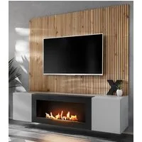 Inn.Furn Lowboard iLike (Flat-TV Mediawand Set mit Akustikapaneel, integrierter Kamin, 3 St., Hellgrau und Eiche Artisan, Breite 200 cm), mit Push-To-Open