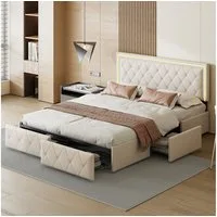 zebery Polsterbett Stauraumbett mit 4 Schubladen, Kopfteil mit LED Beleuchtung (Set, 1-tlg., Doppelbett mit Höhenverstellbares Kopfteil), Bettgestell Jugendbett, PU, ohne Matratze, 200x140 cm, Beige