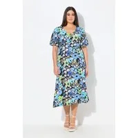Ulla Popken Jerseykleid Jersey-Midikleid A-Linie V-Ausschnitt Halbarm