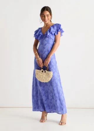 Blaues Maxikleid aus Satin-Jacquard mit Rüschen