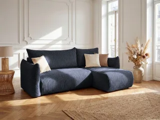 Ecksofa Schlafsofa MAILAND XS in Stoff Tilia Dunkelblau Ottomane Rechts