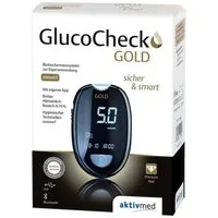 GlucoCheck Blutzuckermessgerät GlucoCheck Gold mgdl oder mmol, Spar-Set, Diabeteskontrolle, Smartes Messgerät, Teststreifeneinschub beleuchtet, Bluetooth und USB-Schnittstelle