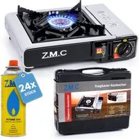 ZMC Gaskocher Edelstahl Gaskocher 1-flammig + Aufbewahrungskoffer + 24 Gaskartuschen, (Butangas Campingkocher für Innenraum/Outdoor, Campinggaskocher 2,2 kW mit Piezozündung, Piezozündung), Kochfeld Herd Gaskocher mit Kartusche, Gaskochfeld für Campi