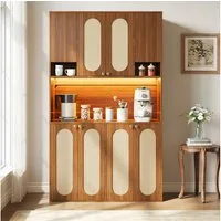 Merax Hochschrank mit PE-Rattan-Türen und LED-Beleuchtung (1-St) Sideboard Küchenschrank mit Hausbar, 8 Türen & Stauraum, 106x40x178cm
