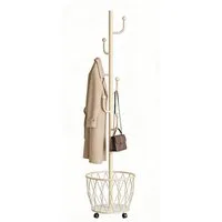 OSTWOLKE Garderobenständer Kleiderständer Metallgarderobe mit Aufbewahrungskorb und 6 Haken, Aufbewahrungshalter mit Rollen für Handtasche/Mütze/Schals/Mantel