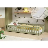 Kids Collective Kinderbett Bodenbett mit Rausfallschutz & Lattenrost Montessori Betten Kinder (Verfügbare Größen: 80 x 160, 80 x 180, 90 x 190, 90 x 200, 120 x 200, 140 x 200 cm), Jugendbett Einzelbett Kiefer mit Matratze Olivgrün 90x190 cm