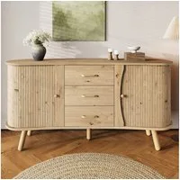 KLAM HOME Sideboard Sideboard mit Rillenoptik, 2 Schiebetüren & 3 Schubladen (Modernes Sideboard skandinavischer Stil mit Massivholzbeinen), Wohnzimmer Sideboard 150cm MDF mit höhenverstellbaren Fächern