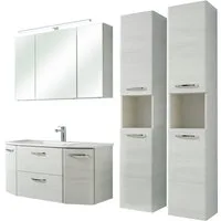 Saphir Badmöbel-Set Quickset 936 4-teilig, Mineralmarmor-Waschtisch und LED-Spiegelschrank, (Set, 4-St), 2 Hochschränke, Eiche Weiß quer Nachbildung, inkl. Türdämpfer, 9 Türen