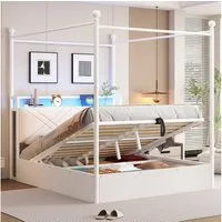 Flieks Himmelbett, Hydraulisches Stauraumbett Metallbett 140x190cm mit LED und USB/Typ-C