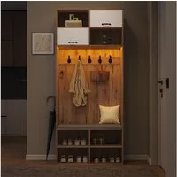 MODFU Garderoben-Set Komplett-Set Flurgarderobe, (mit Sitzbank, 5 Haken, 2 Türen & 6 Offener Lagerraum, 1-St., B80/D30/H185 cm)