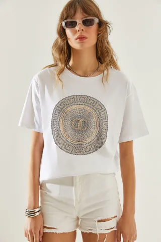 Gesticktes Bedrucktes Rundhals-T-Shirt