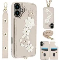Wigento Handyhülle Für Apple iPhone 17 Hülle Crossbody Kunstleder mit Blumenmuster Weiß, Mit Kartenfächern, Gurt, Kickstand-Funktion