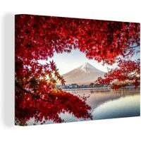 OneMillionCanvasses® Leinwandbild Der Berg Fuji durch rote Blätter in Japan gesehen, Fotodruck (1 St), Leinwand Bilder Klein, Wand Dekoration Aesthetic 30x20 cm