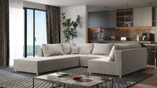 Wohnlandschaft Sofa ANDRO Schlaffunktion und Hocker Stoff Fresh Beige