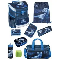Scooli Schulranzen Campus Fit Jurassic World, T-Rex Dino, dunkelblau, ab 1. Klasse (Erweitertes Set, 9-tlg., mit Lunch-Set und Sporttasche), kompakt, leicht, robust