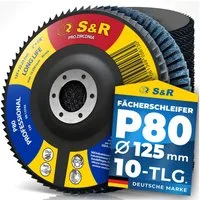 S&R Schleifscheibe Fächerschleifscheiben Set, 125 x 22,23 mm, Profi Qualität, (Set, 10 St., 10-teilig), T29, Lamellenschleifer Satz für Stahl, Edelstahl, Körnung P80
