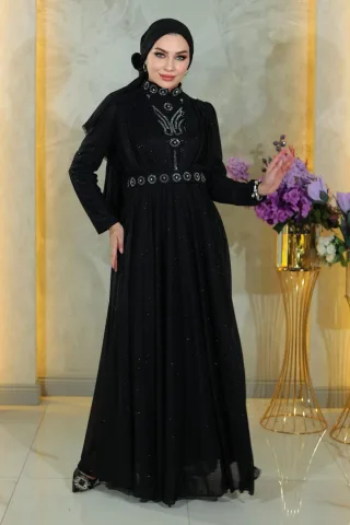 Stein Detailed, Drapiert Chest, Glitzernd Abendkleid, Schwarz