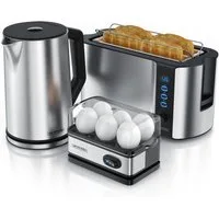 Arendo Frühstücks-Set (3-tlg), Wasserkocher 1,5l, 4-Scheiben Toaster, 6er Eierkocher, Silber