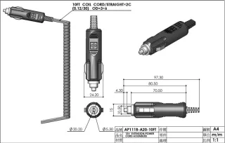 Spiralkabel mit Stecker für Zigarettenanzünder - schwarz, ca. 2,5m Länge