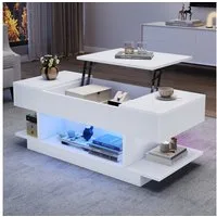 OKWISH Couchtisch mit Lift-Tischplatte (Teetisch, Wohnzimmertisch, 1-St., mit 2 Klappschränken, halboffenem Stauraum), Hochglanz-Teetisch mit LED